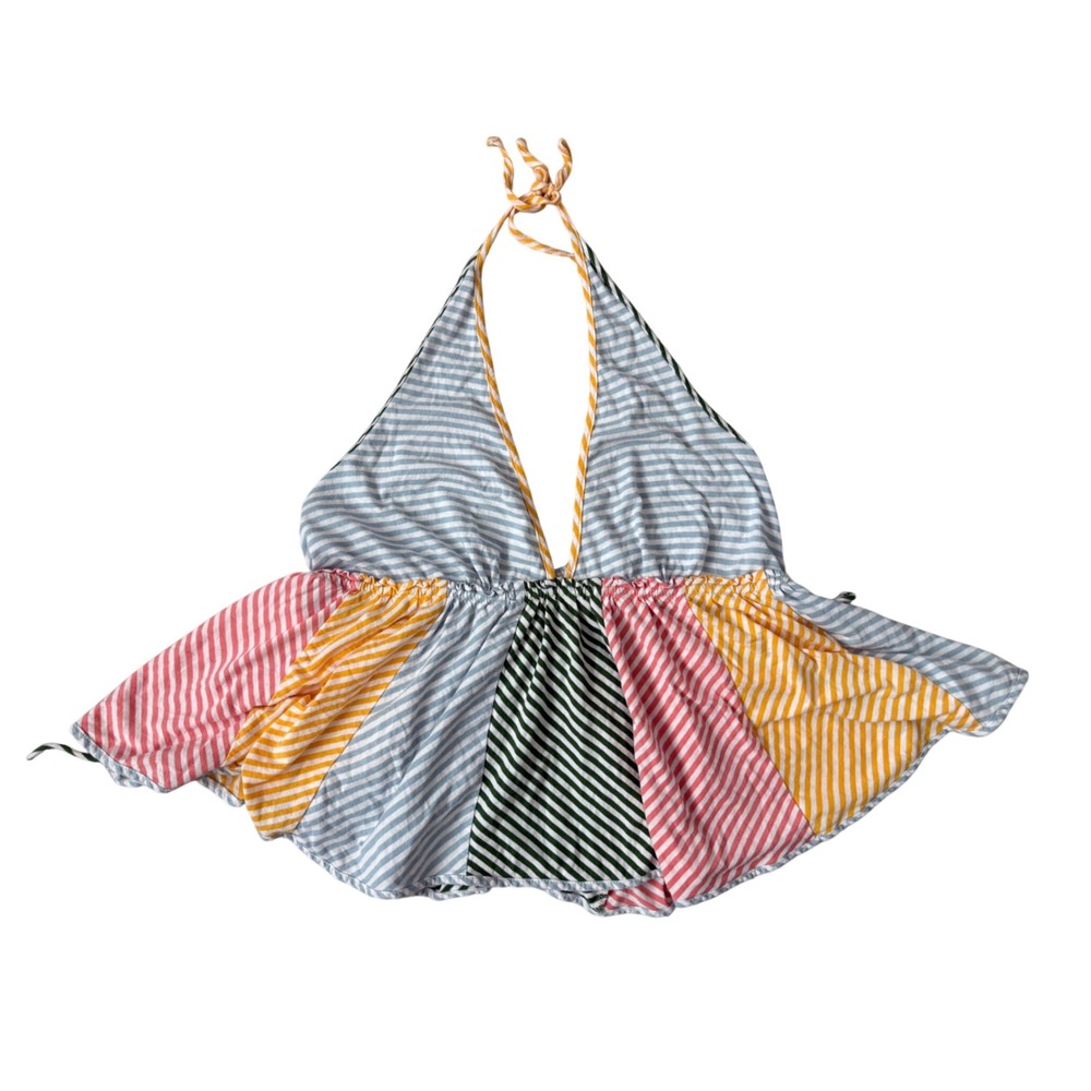 Anthropologie Striped Peasant Halter Top XL Patchwork Peplum Multi Color V-Neck